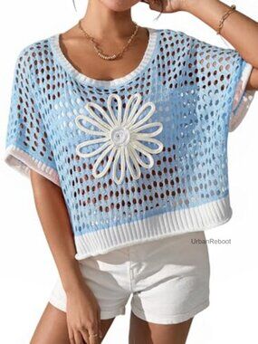 Boho Crochet Crop Top Sweater - Open Knit Beach Cover Up Cardigan